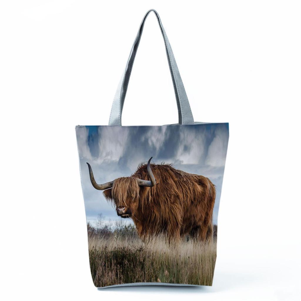Highland Cow Print Single Shoulder Tote Bag - Large Capacity, Fashionable Zipper Handbag