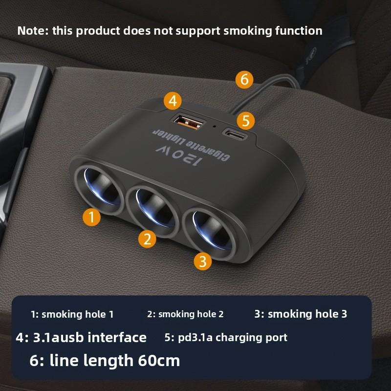 Multifunctional Car Charger, Car Charger, Cigarette Lighter, One To Three with USB + PD Fast Charging Interface 12V24V Universal