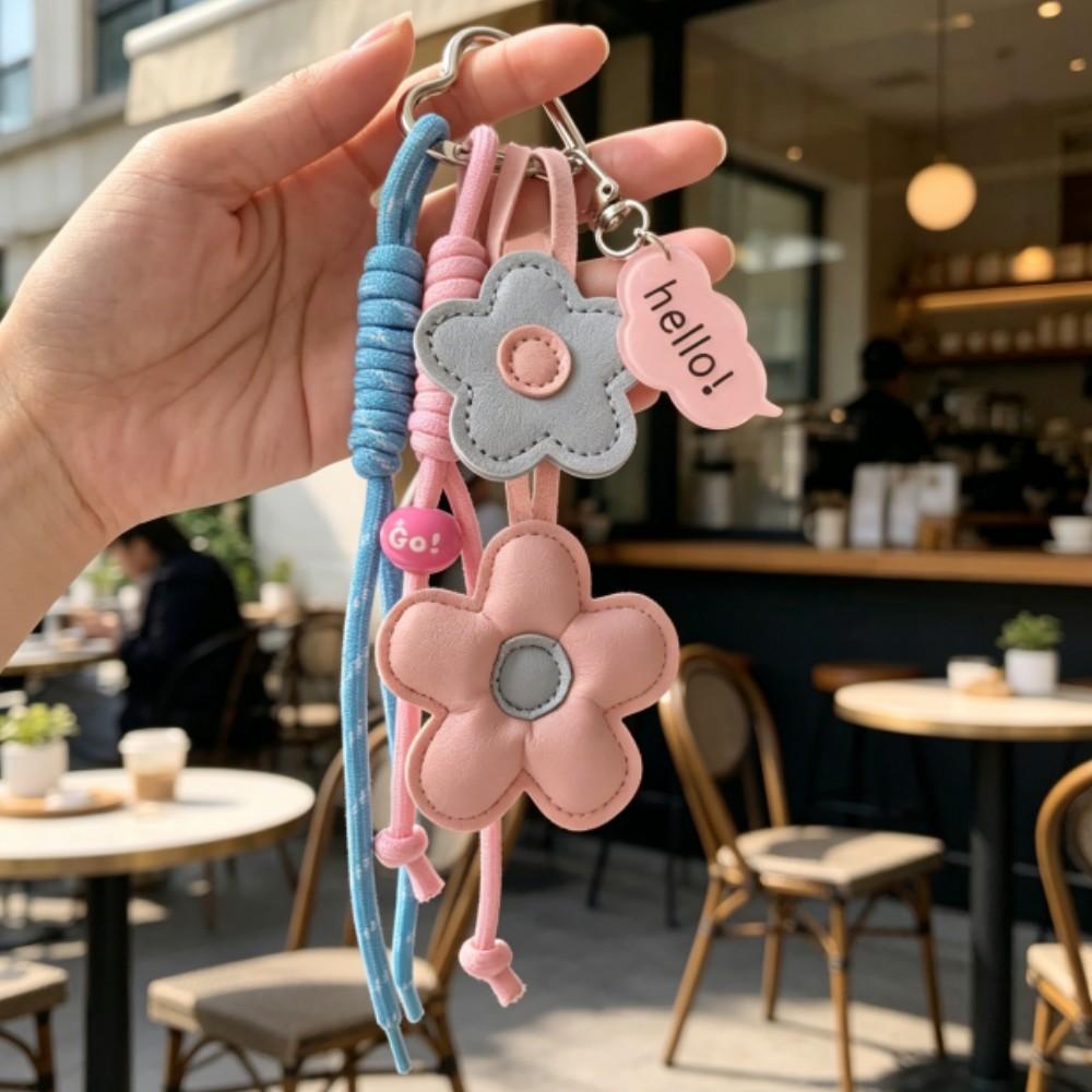 Bag Charm Pink & Blue Flower Leather Bag Charm , Braided Cord & Acrylic Pendant, Cute Pastel Accessory for Women Bags & Keys