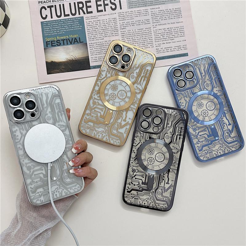For iPhone 15 Pro Max Luxury Plating Magsafe Magnetic Mechanical Pattern Phone Case For iPhone 11 12 13 14 Plus Protective Cover