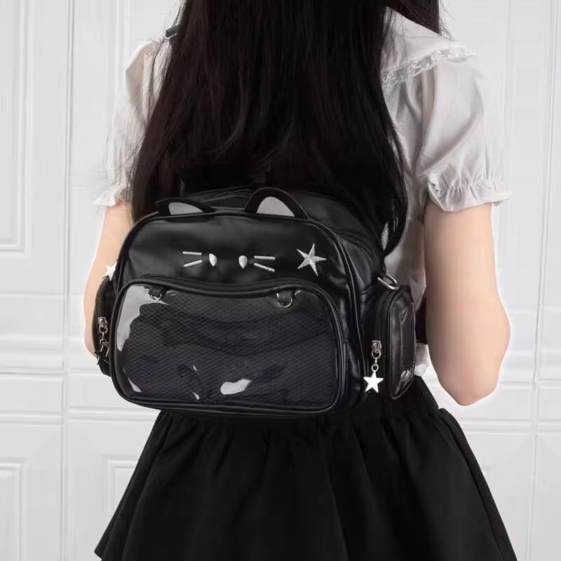 Y2K Korean Cute Cat Ita Bag Japan Kawaii Pu Crossbody Bag Girls Transparent Pocket Harajuku Shoulder Bag Silver Fashion Backpack