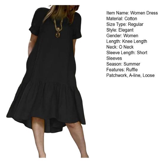 Dame Sommerkjole O-hals Volangkant Lappeteppe Korte Ermer Ensfarget Løs A-linje Knelengde Hverdagslig Myk Daglig Strand Midi-kjole