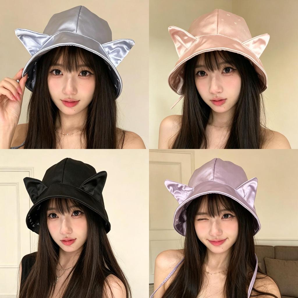 Classic Polyester Double Sided Cat Ear Bucket Hat With Sun Protection For Casual Summer Wear