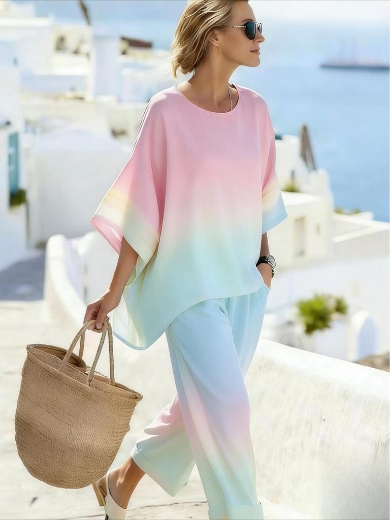 26 Summer Crew Neck Bat Sleeve Printed Two-piece Set Women's Loose Casual Top High Waist Wide Leg Pants Vacation Style Set