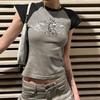 Harajuku Graphic Crop Top Stitched Short Sleeve Vintage Print T-shirt Summer Grunge 2000s T Shirts for Women Y2k Fashion
