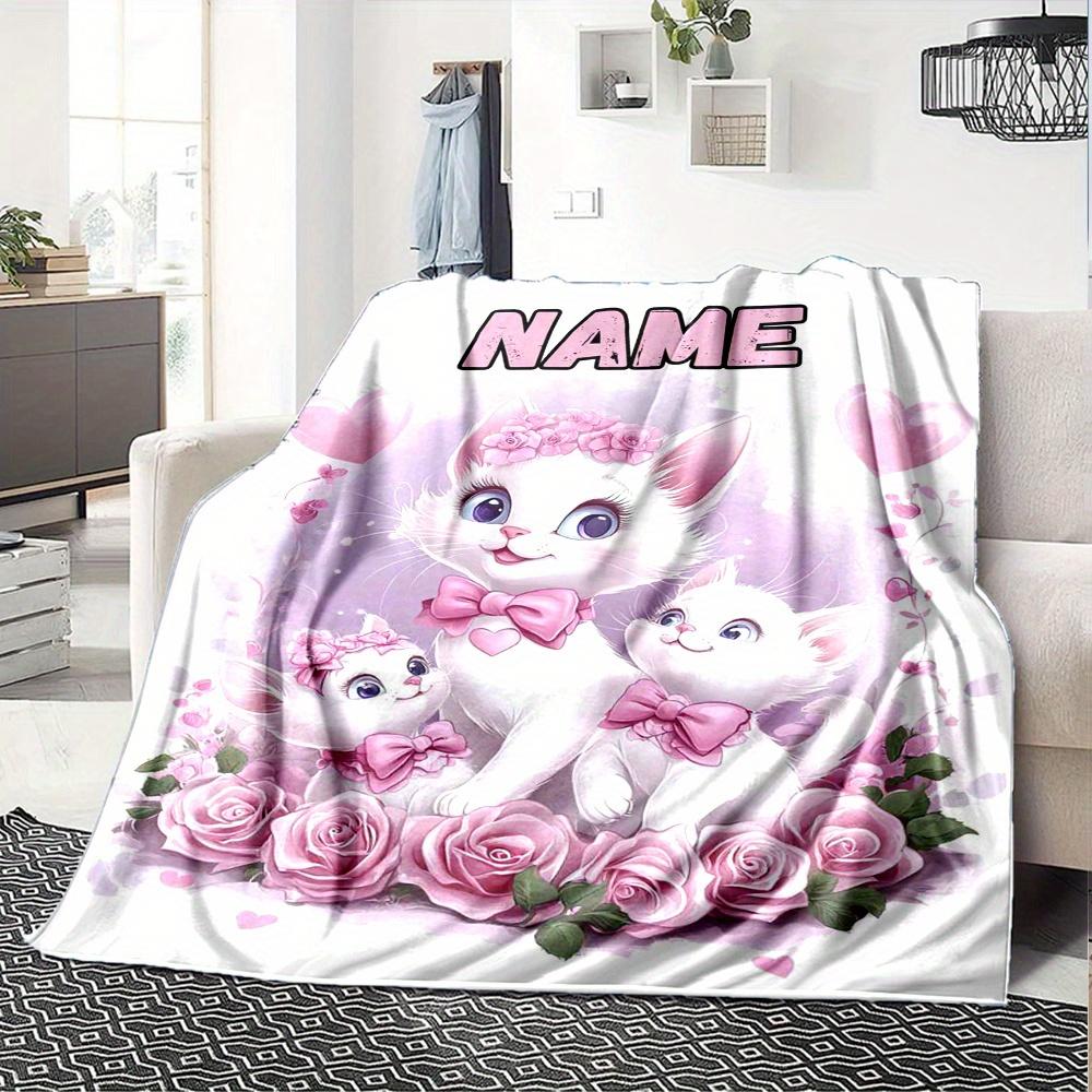 Home Customize Your Name Blankets Cute Girl With Cat On Branch Comfortable Soft Lightweight Allseason Multipurpose Blanket For Picnic Sofa Office Bed