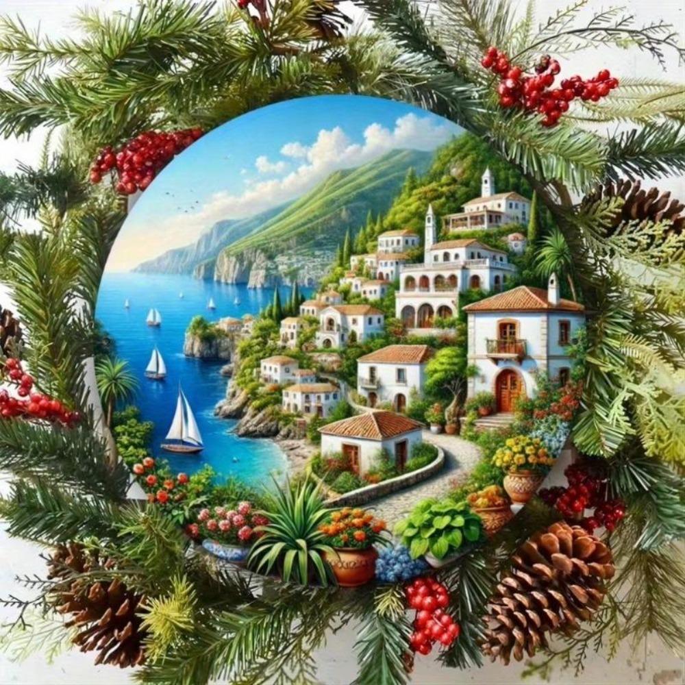 Metal Wall Art Mediterranean Coastal Village Sign Greek Island Sea Landscape Decor