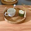 Round Rattan Storage Tray with Wooden Handle Handmade Handwoven Rattan Tray Natural Simplicity  Gift for Breakfast Coffee