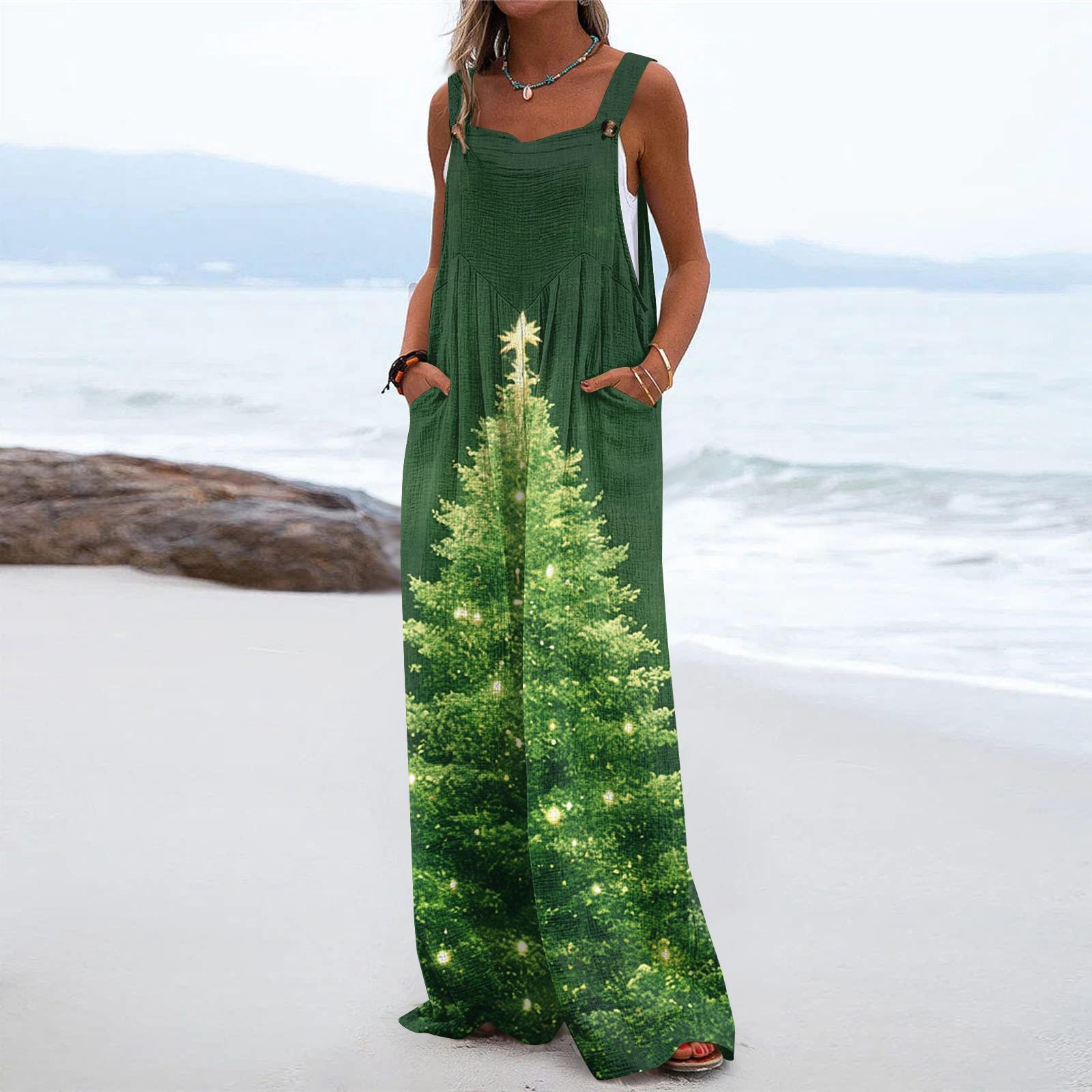

Women s Christmas Print Solid Wide Leg Strapless Tank Pocket Casual Onesie L армія зелений колір
