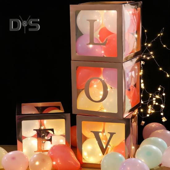 4 Pcs Balloon Box DIY Assembly Transparent Paper Box Balloon Box with Letters Reusable Stackable Cube Decorative Box for Party Wedding Birthday