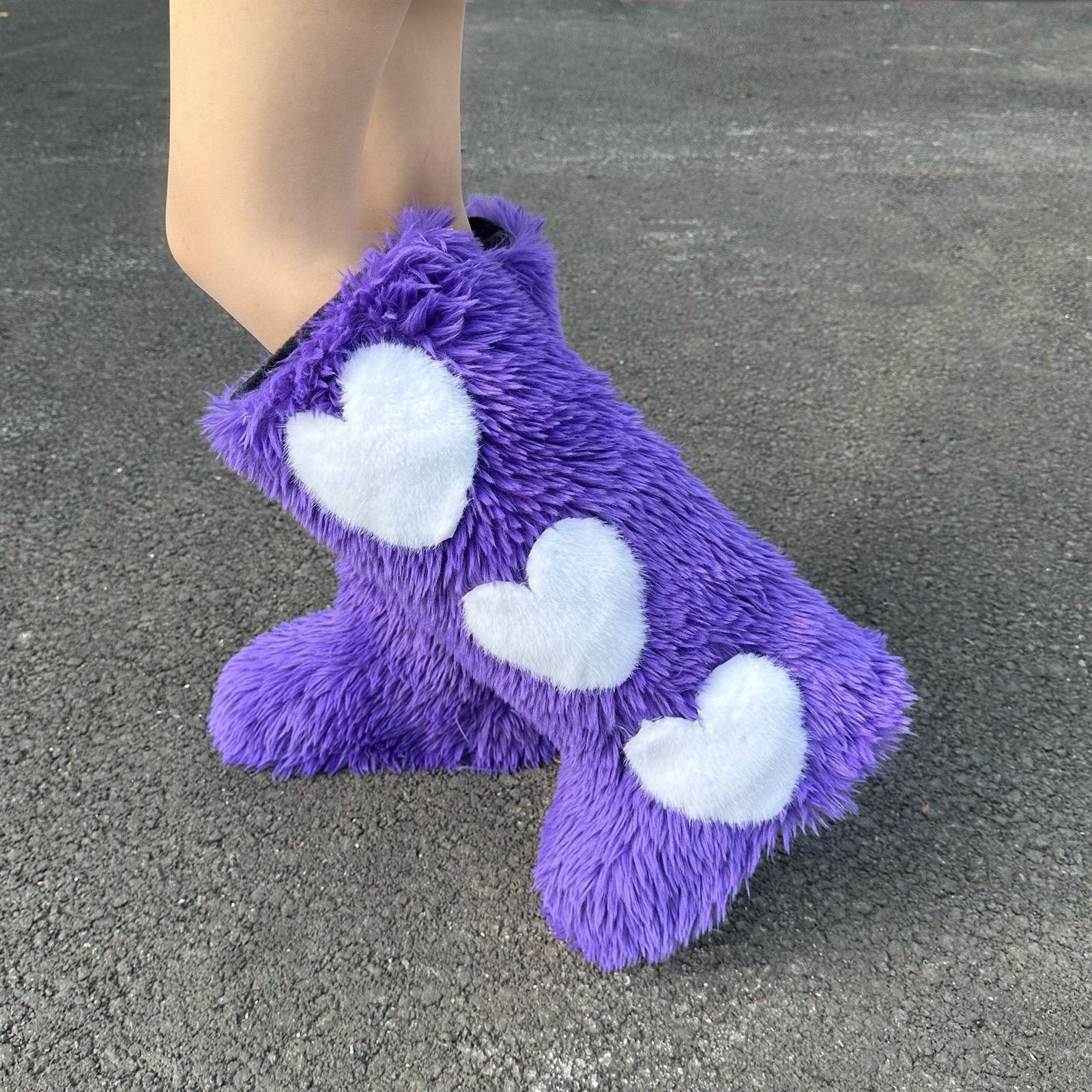 

IPPEUM Knee High Fur Boots Heart 2025 New Shoes Plus Size 44 Plush Long Boots 270 фиолетовый