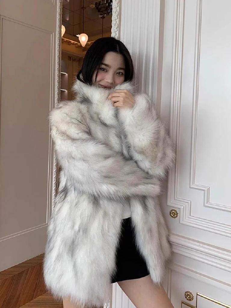 Dámská zimní bunda Imitace liščí kožešiny Kabát z trávy Zesílený Dlouhý Hřejivý Kabáty z umělé kožešiny Luxusní Módní Kardigan Bunda Dámská