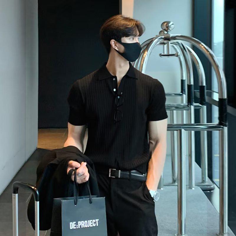 Men's Trendy Korean Style Short-Sleeve Textured Polo Shirt