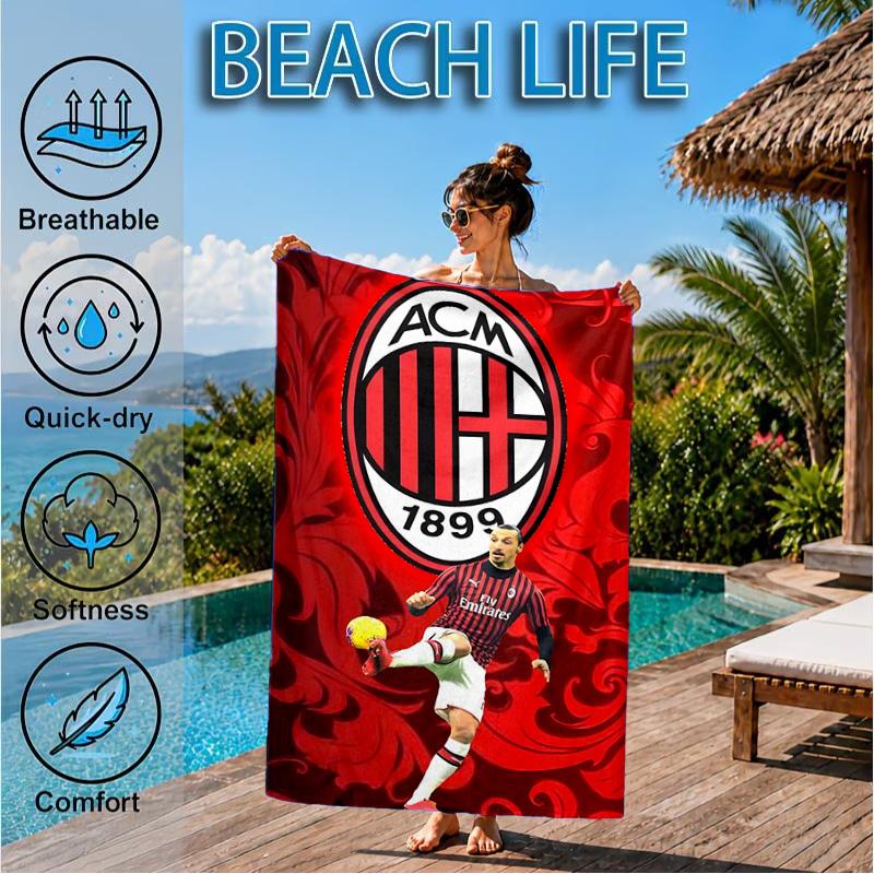 Milan Football Club Printed Microfiber Beach Towel, Soft And Absorbent, Quick-Dry, Ideal for Summer Travel, Beach Essential, Swimming Pool