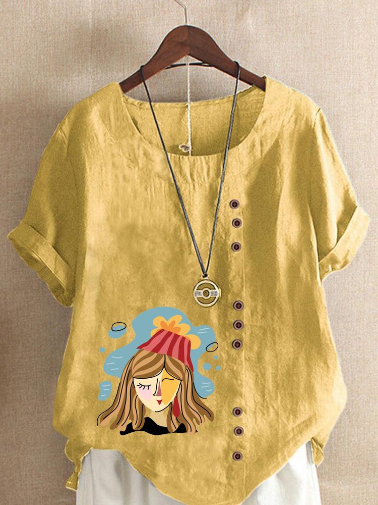 Women's Fashion Abstract Girl Print Round Neck Short Sleeve T-shirt Summer Casual Cotton Linen Graphic Shirt Leisure Loose Blouse Tops