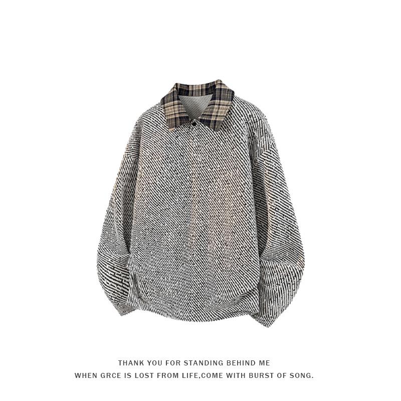 Men's Trendy Knit Polo Collar Plaid Patchwork Hoodie - Retro Style, Long Sleeve, Plus Size