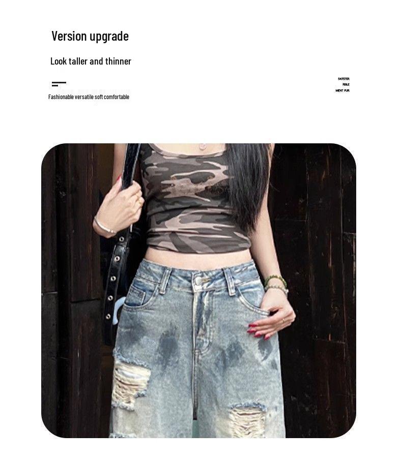 Damen Retro High-Waist Ripped Wide-Leg Jeans - Sommer Dünn & Distressed Bodenlang