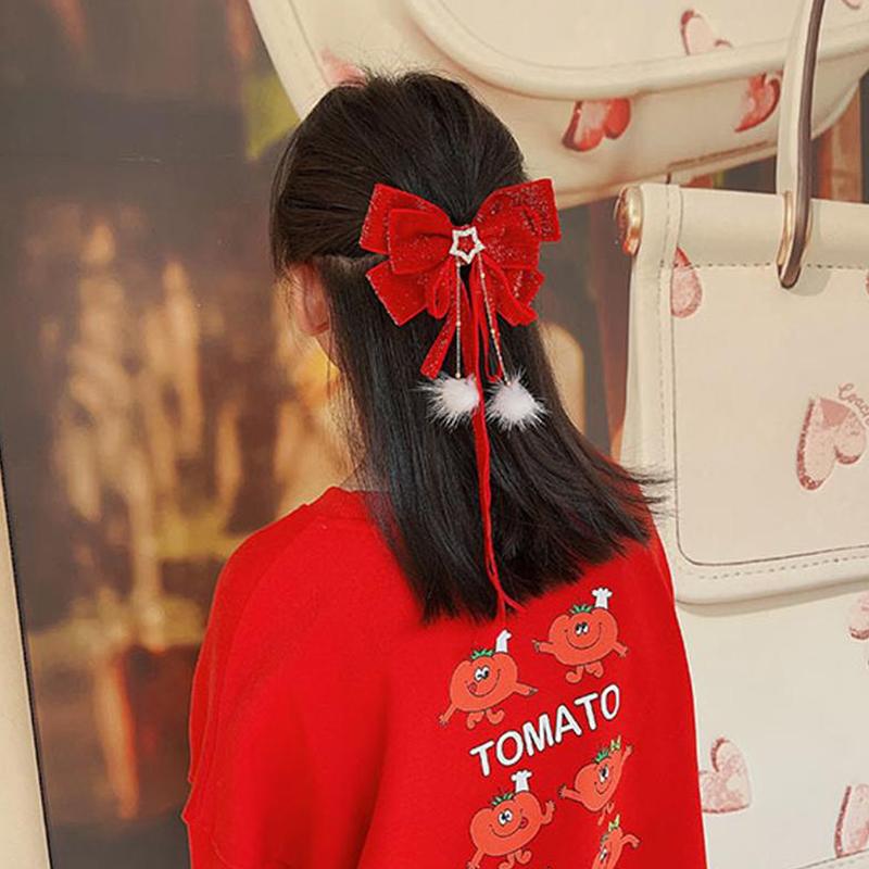 Girl'S Chinese Style Hair Clip With Bow, Red Crown, Top Clip, Children'S Antique Style Headwear, Hair Accessory