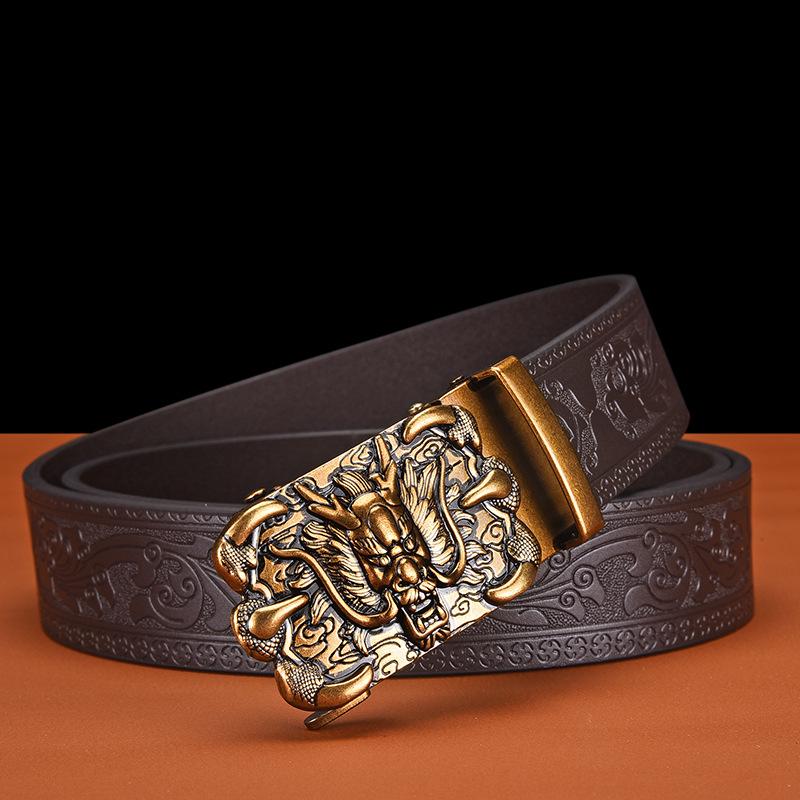 Men's Business Casual Cowhide Leather Belt with Vintage Copper Dragon Automatic Buckle
