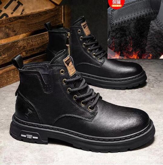 Autumn And Winter Boots Men Plus Fleece New Work Boots Retro British Men High Top Trend Real Leather Cotton Boots M1164