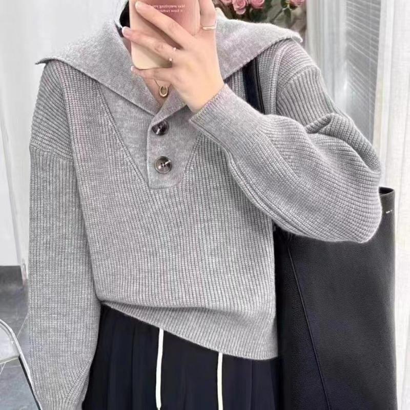 Autumn and Winter New Solid Color Simple Fashion Versatile Lapel Loose Version Lazy Style Short Long Sleeve Knitted Pullover Women