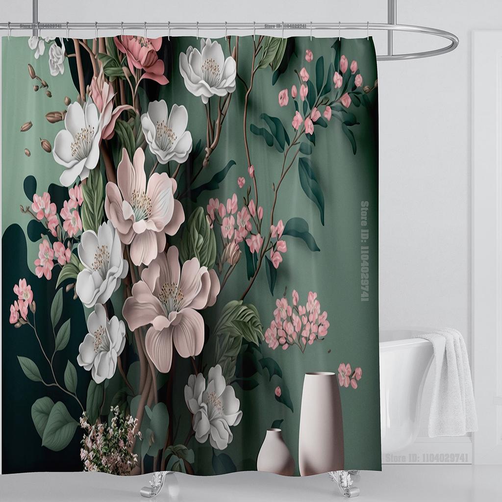 3D Stereo Beautiful Flower Printing Bathroom Curtain Waterproof Polyester Shower Curtain Home Decoration Curtain with Hooks