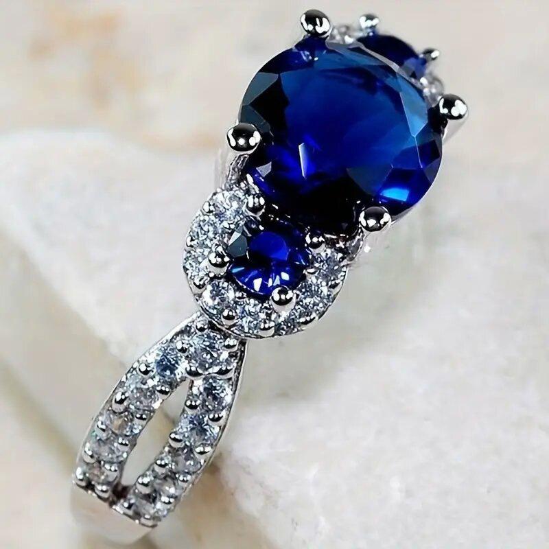 2026 Luxury Prong Setting-Rings for Women with Deep Blue Zircon Stone Anniversary Gift   Wife Micro Paved Middle