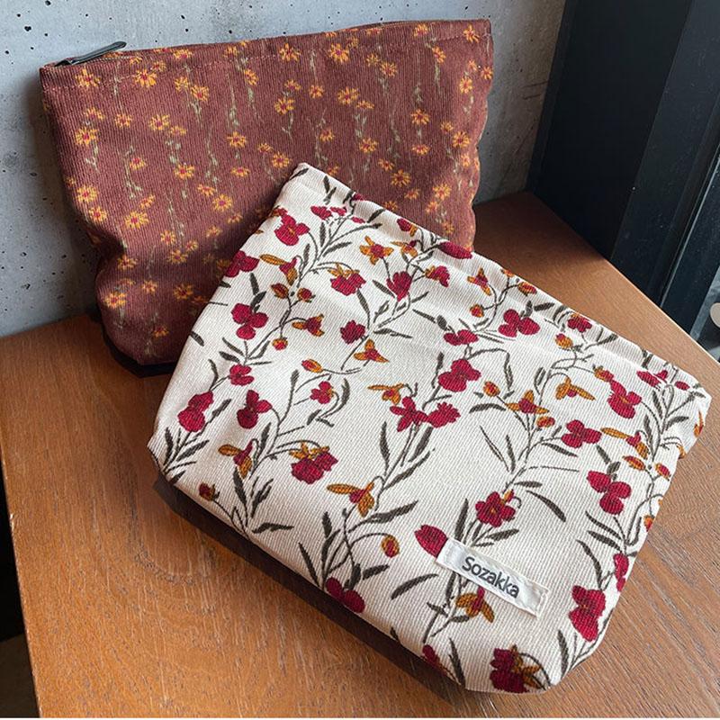Makeup Bag for Women Portable Corduroy Vintage Flower Travel Wash Mobile Phone Storage Bag Girl Make Up Case Pouch