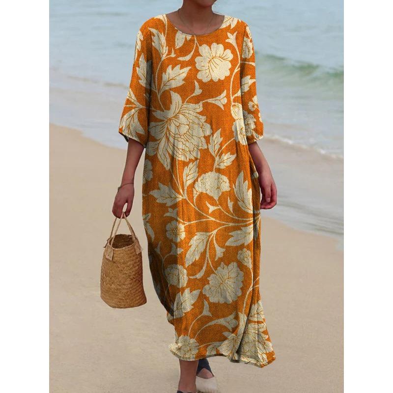 

Женская мода лето весна цветочный узор принт рукава 1/2 О-образный вырез свободная талия повседневные платья XXXL