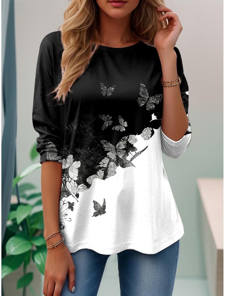 Summer Fashion Women's Butterfly Plants Elegant O-Neck Long Sleeve T-Shirt Y2K Casual Tops Womens Clothing Harajuku Pullover