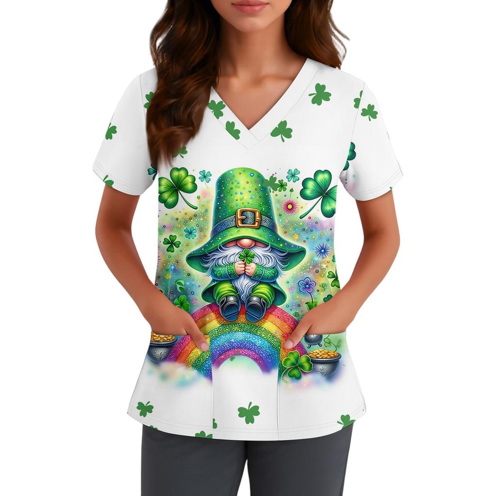 Women's Cute Bow Printed Work Clothes V-neck Double Layer Pockets Basic Short Sleeve Top Pullover