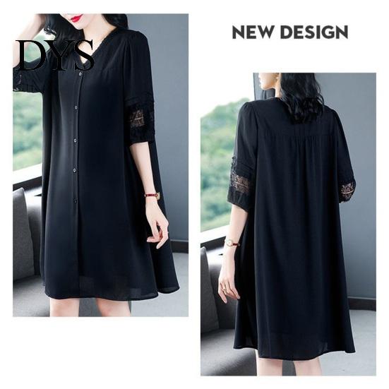 Solid Color Dress Summer Women Plus Size V Neck Loose Half Sleeves Commute Midi Hollow Out Lace Single-breasted Knee Length A-line Long