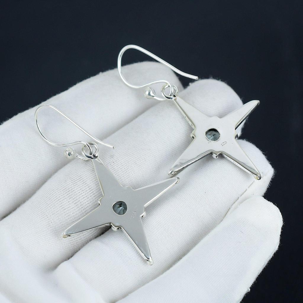 Dainty Blue Topaz Gemstone Star Shape Earrings, 925 Sterling Silver Earring, Handmade Boho Silver Jewelry Dangle Earrings, Party Wear Gift