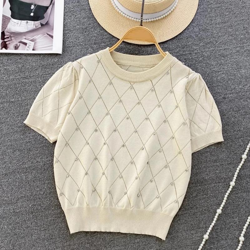 Women Diamond Grid Rhinestone Knit T-shirt Crew Neck Short Sleeve Fitted Casual Sweater