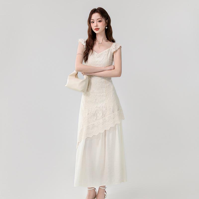 

2025 Лето V-образный вырез кружева вышитые нерегулярные длинные платья для женщин Medium абрикосовый