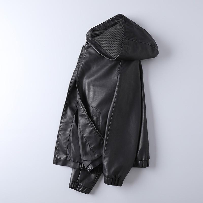 Mens Slim Fit Hooded PU Leather Jacket Casual Trendy Biker Coat Daily Wear