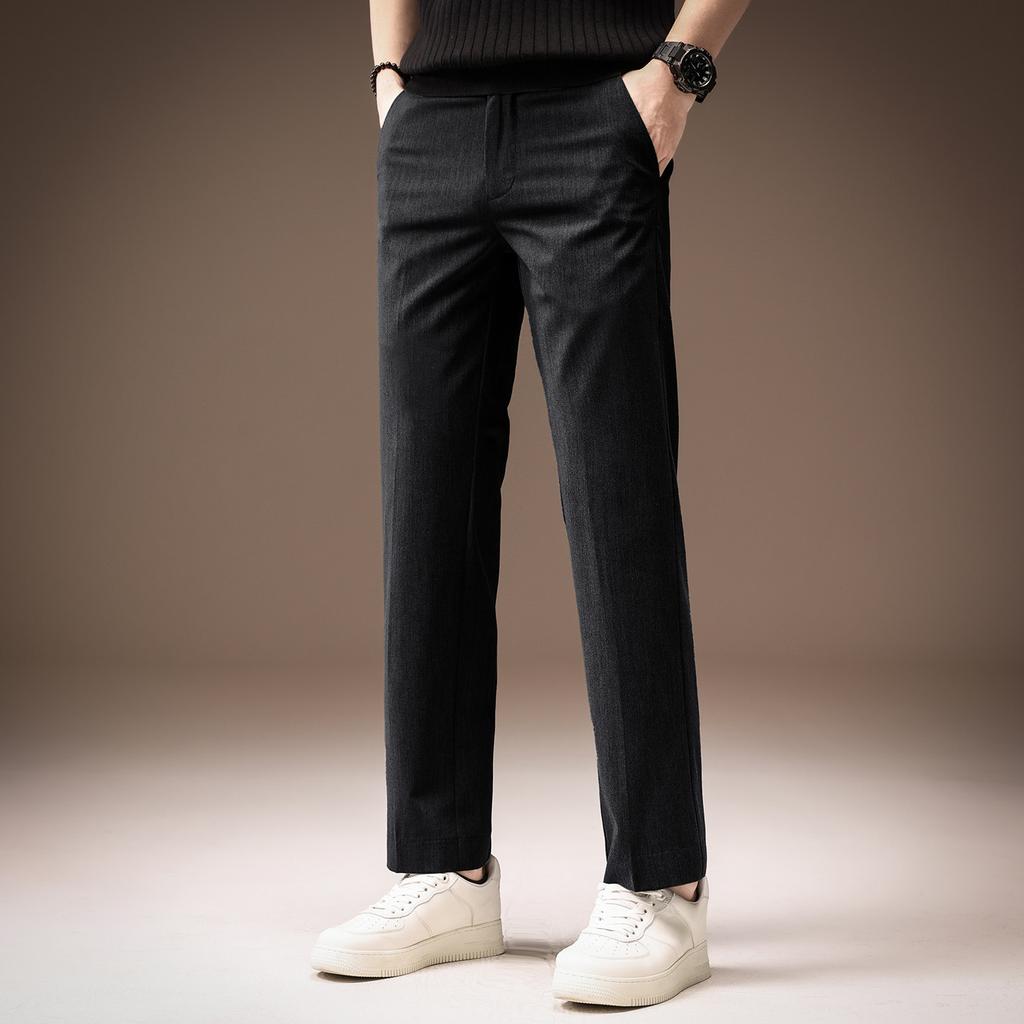 High-end French business ice silk cool slim-fitting pants men's summer thin drape straight casual nine-point pants
