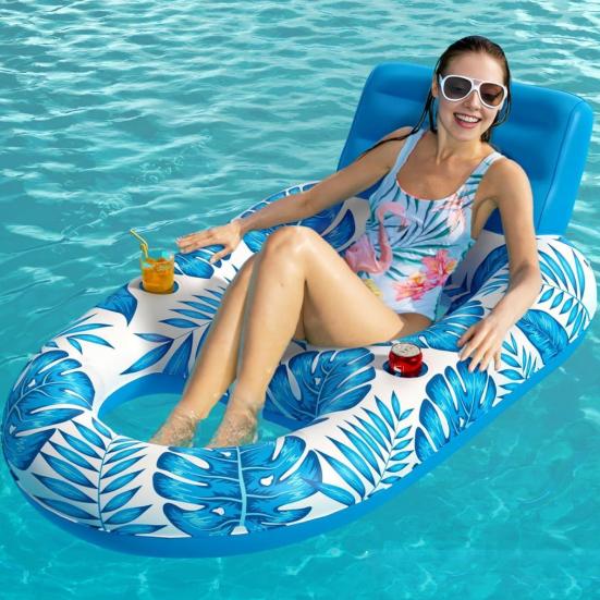 Inflatable Pool Float Mat with Mesh Seat Backrest Tropical Leaf Print Foldable Beach Lake Float Raft Water Lounger Adults Swimming Pool Sun Tanning