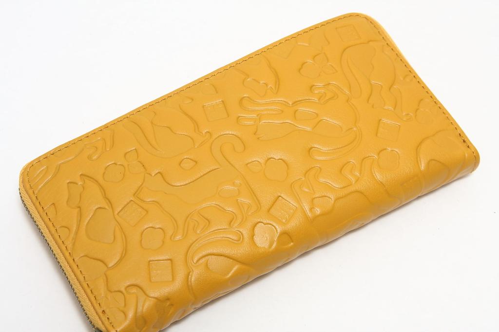 Women's cat print long wallet with round zipper, coin purse, and bill compartment, by Shuhei Nomura, yellow