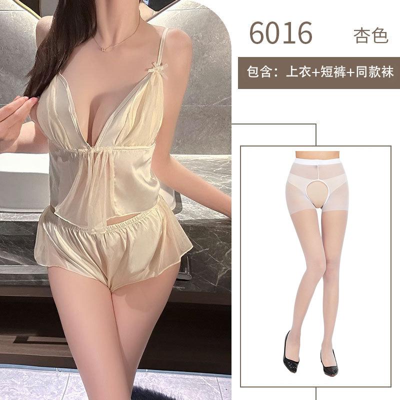 Sex Sexy Underwear Women's Summer Ice Silk Thin Sex Fun Front Open Lace Perspective Set