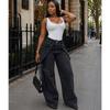 Jeans Larghi da Donna a Vita Alta con Bottoni, Patchwork, Tasca a Pattina Asimmetrica, Denim Lavato, Pantaloni Lunghi Casual Streetwear