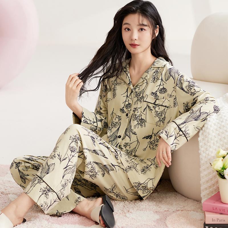 Purple Tulip Pajamas Set Women Sleepwear Cotton Long Sleeves Long Pants Autumn Winter Girl Pyjamas Soft Pijamas Cozy Button Cute