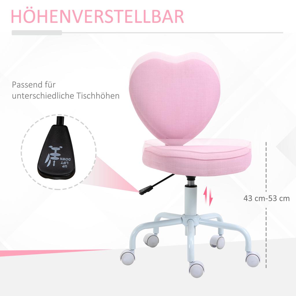 Silla giratoria, Bonito diseño de corazón, Altura regulable, Funda de tela con aspecto de lino, Rosa, 42 x 50 x 79-89 cm