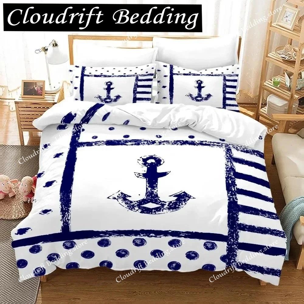 Anchor Duvet Cover Set,Nautical Classic Colors And Anchors Simplistic Design Sailor Ship Polyester Fashion Bedding Set