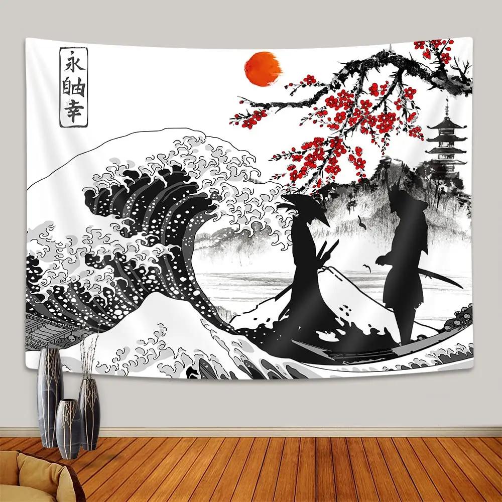 Anime krajina Tapiserie Japonská hora s třešňovými květy Tapiserie Sakura Vesnice Estetické umění Nástěnná tapiserie pro ložnici