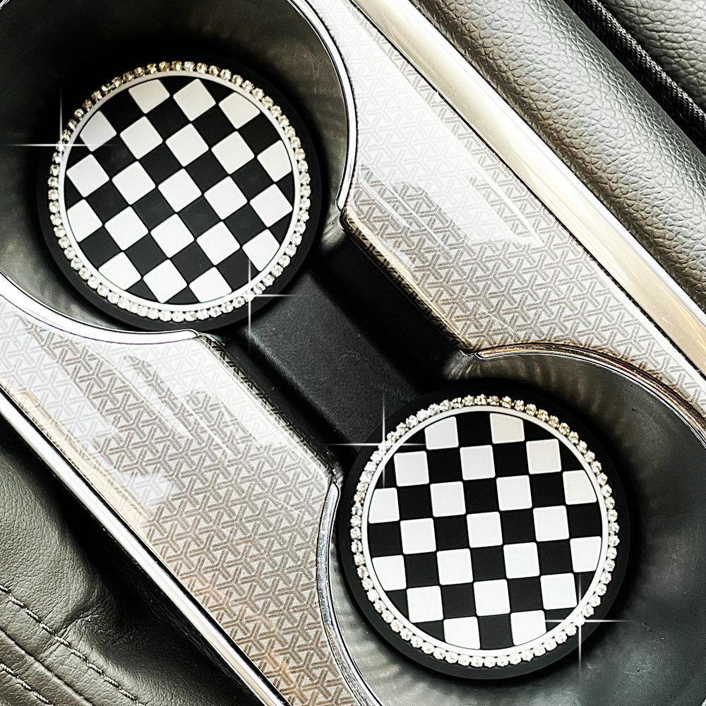 Black & White Grid Diamond Car Coaster: Multifunctional Anti-Slip Mat for Interior and Door Slot Storage