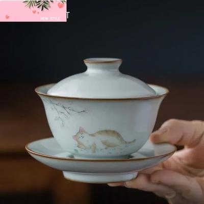 Traditionele Ru Kiln Keramische Thee Tureen Kom Handgemaakte Kattenpatroon Theekopje Reizen Draagbare Gaiwan Huis Thee Set Drinkgerei 160ml