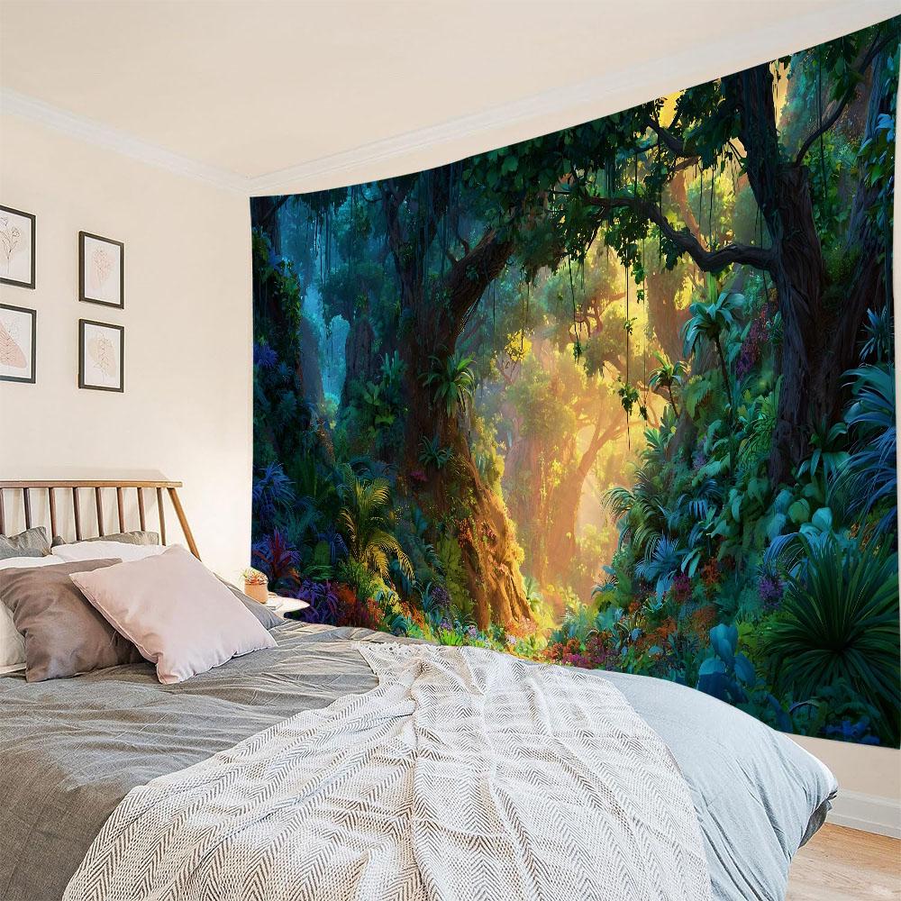Dreamy Jungle Tapestry Wall Hanging Cartoon Background Poster Dormitory Bedroom Decoration Fabric Mural Bed Sheet Beach Mat