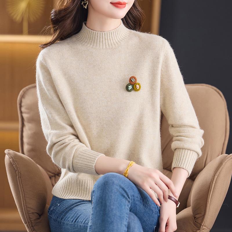 New Pure Wool Sweater for Middle-Aged & Elderly Women - Stylish, Warm, Half-High Collar, Thickened for Autumn/Winter