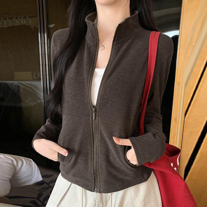 Women S Stand Collar Zip Up Thick Slim Fit Long Sleeve Jacket With Pockets